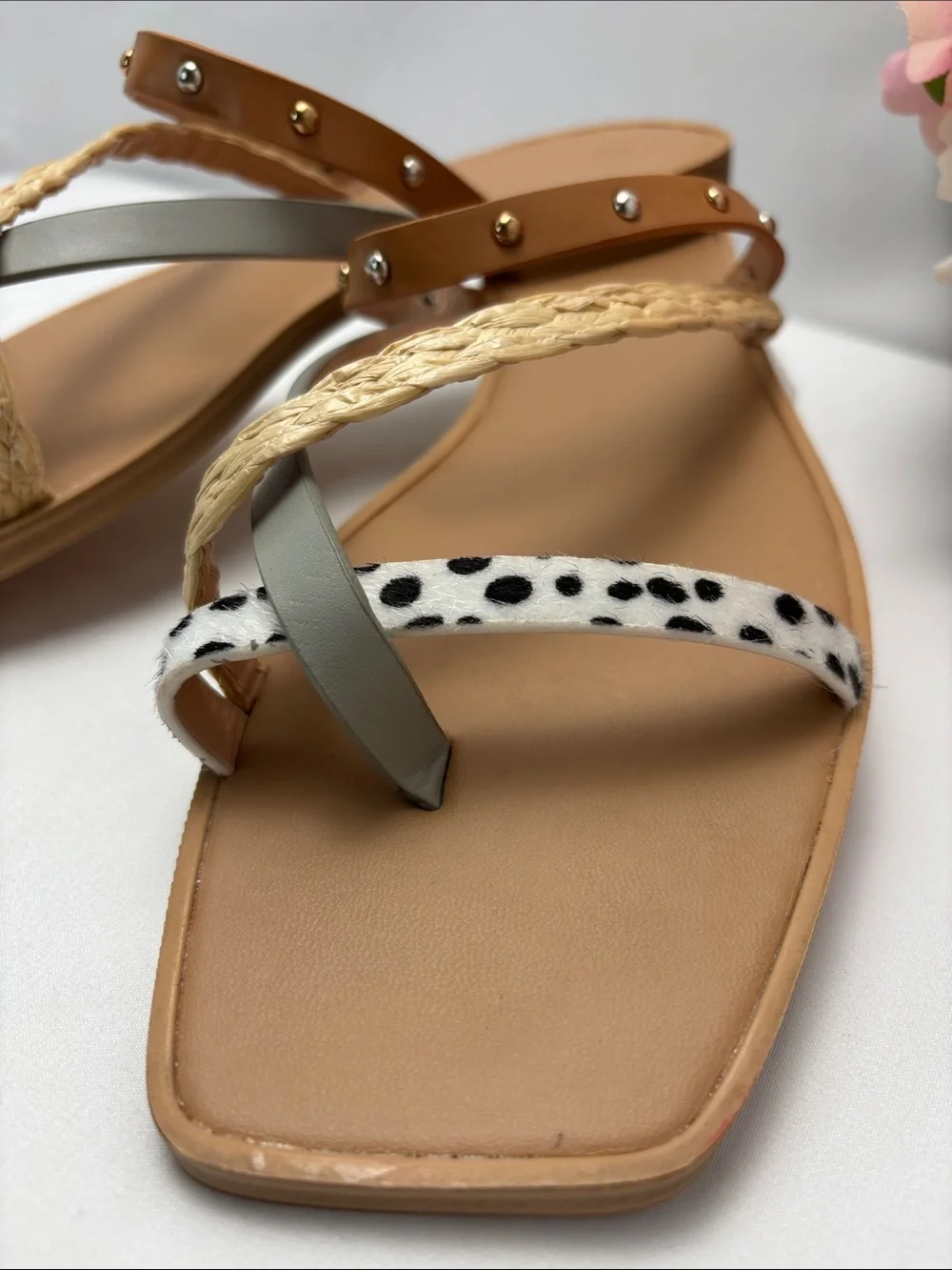 ZBY Womens 8.5 Multi-Texture Leopard Studs Strappy Slide Sandals - Tan #473